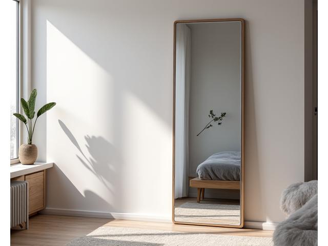 Full-length smart mirror with integrated fitness screen, reflecting a modern living space